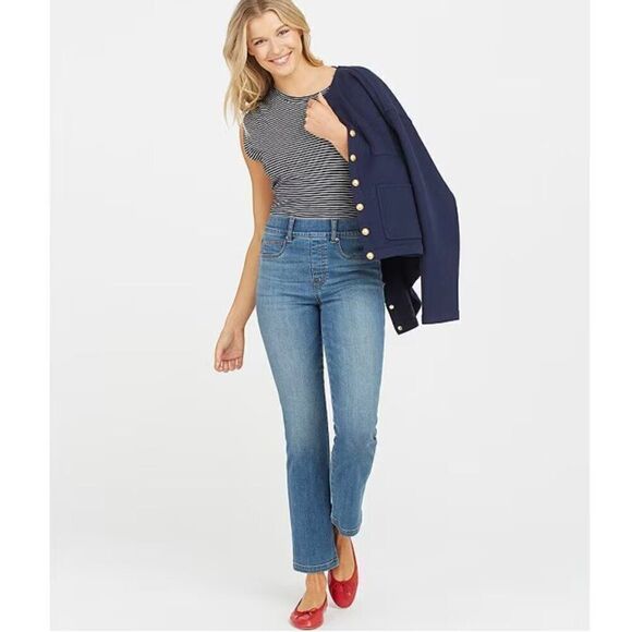 Spanx Straight Leg Stretch Denim Jeans Medium Wash High Rise XL - Picture 1 of 6
